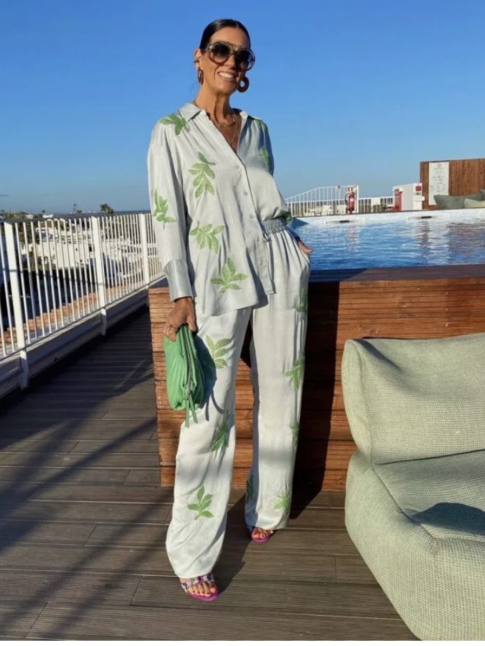 Zara Pale Blue Satin Button-Down Shirt with Green Leaf Embroidery